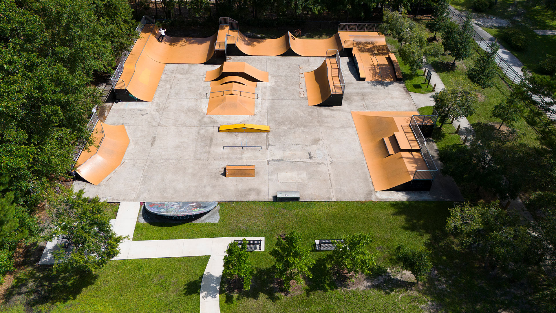 A birds-eye view of the skatepark at Cuba Hunter.