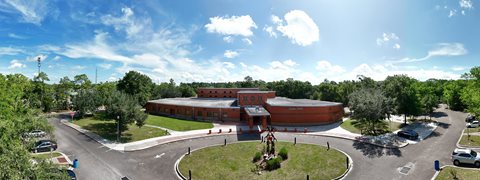 A high level view of the Legends Center and parking area. 
