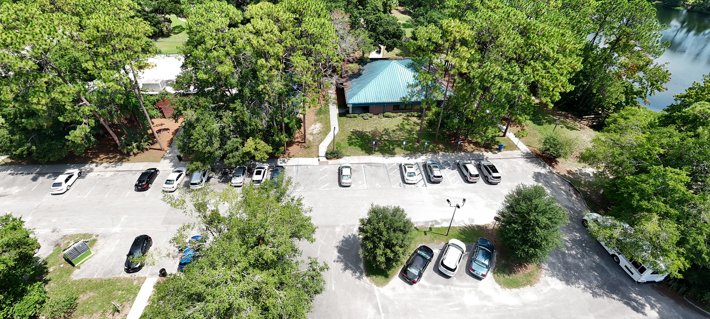An aerial shot of the Oceanway Community Center. Oceanway has a number of different sports areas and courts. Some of these sports include, Tennis, Basketball, Pickleball, Baseball, and Soccer.