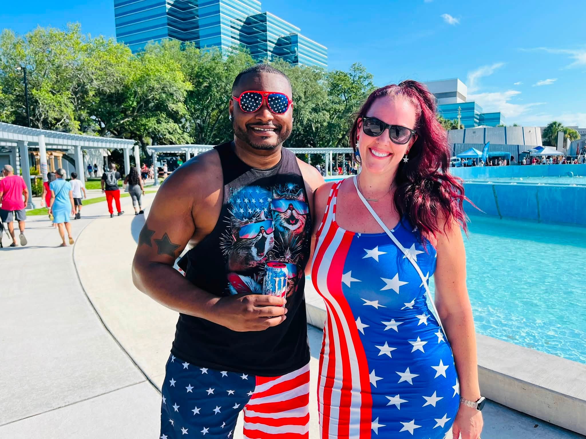 A happy couple enjoying the Freedom Fest dressed in patriotic clothing.
