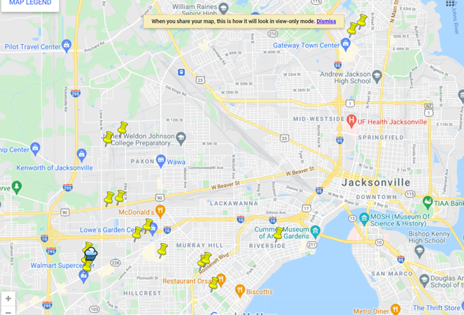 A map showing sensor locations