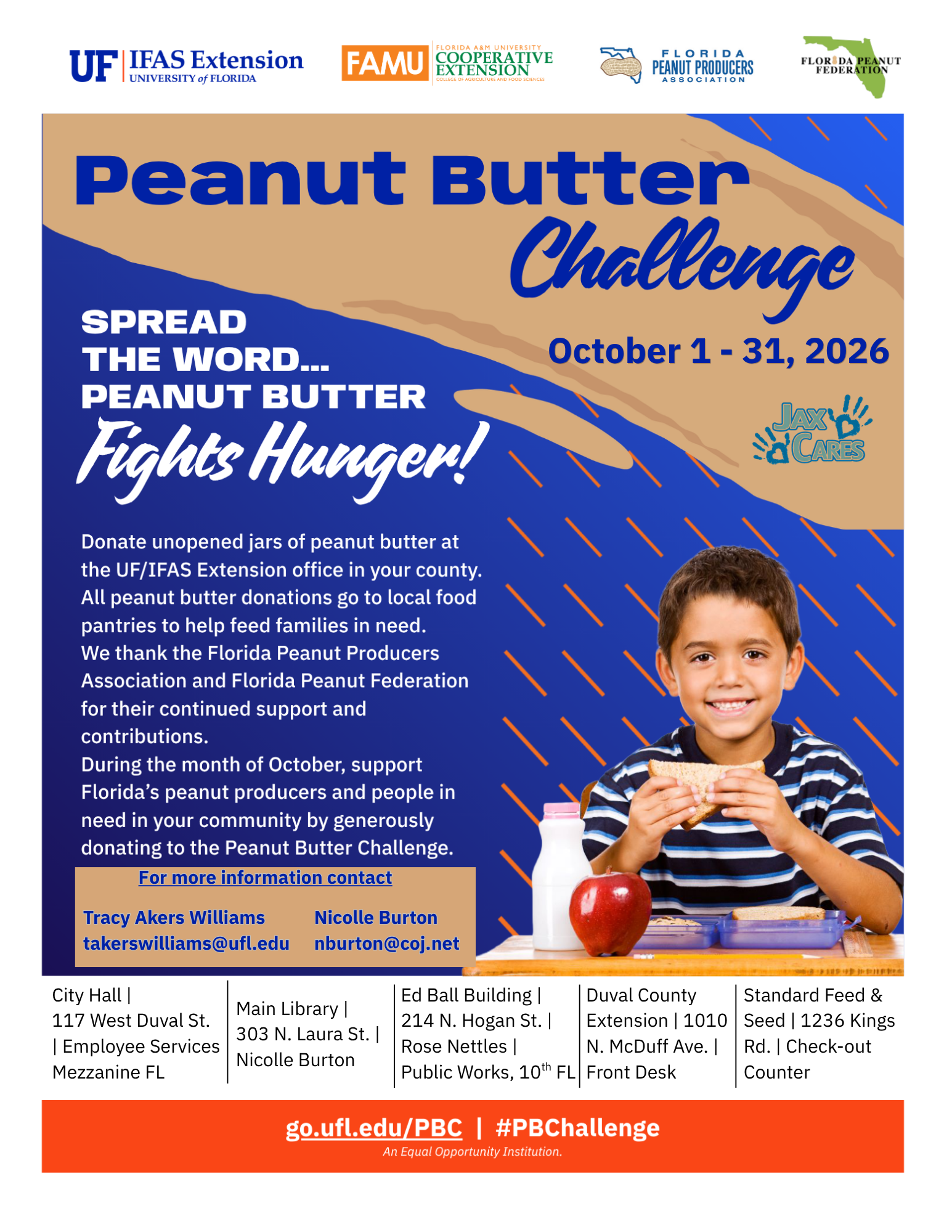 2026 Peanut Butter Challenge in Duval County. Collect unopened unexpired jars of peanut butter through the month of October and donate to the following locations City Hall, Main Library, Ed Ball Building, Duval County Extension Office, and Standard Feed and Seed.