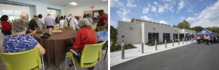 Southside Community Center Photos showing seniors sitting at a table and the center exterior