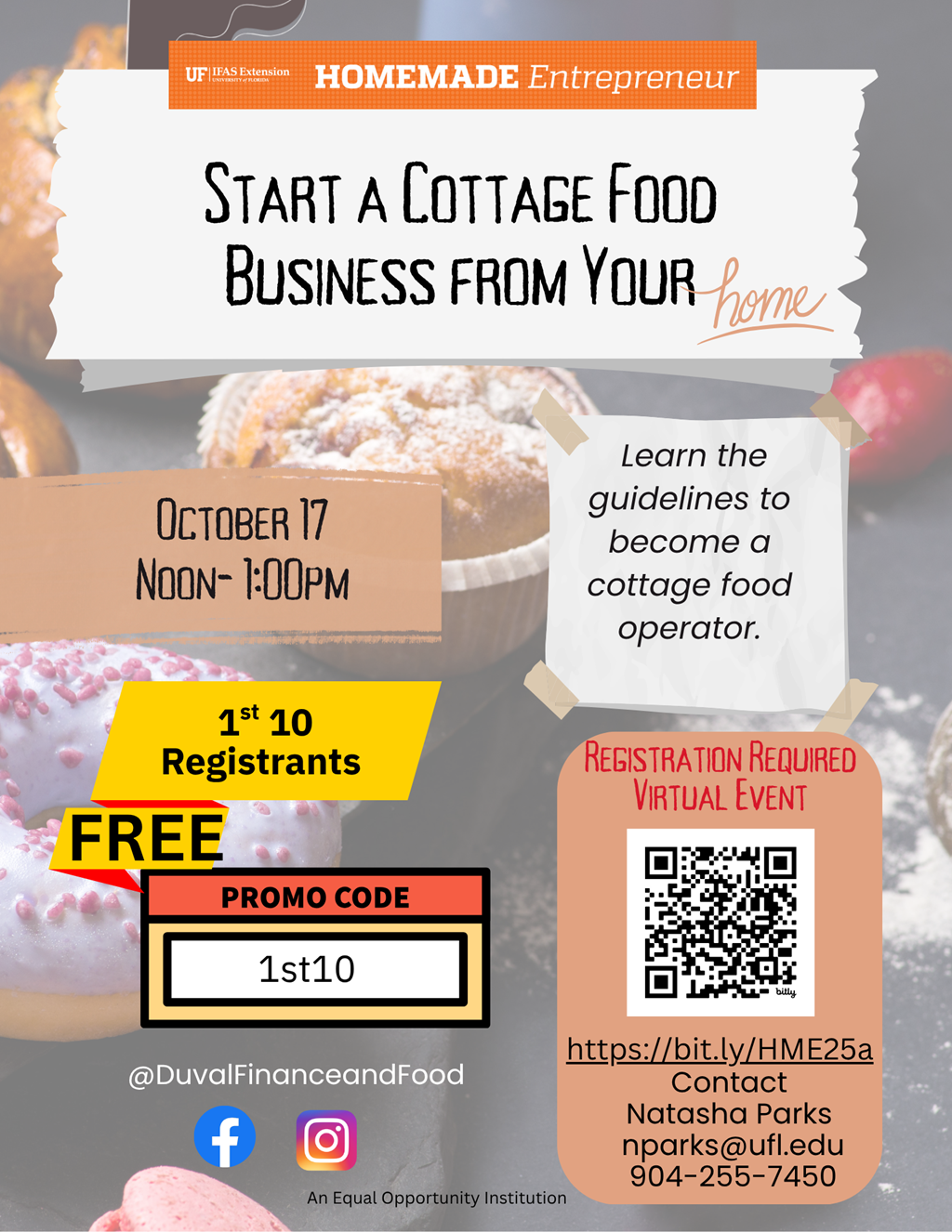 muffins and donuts on a gray and orange flyer