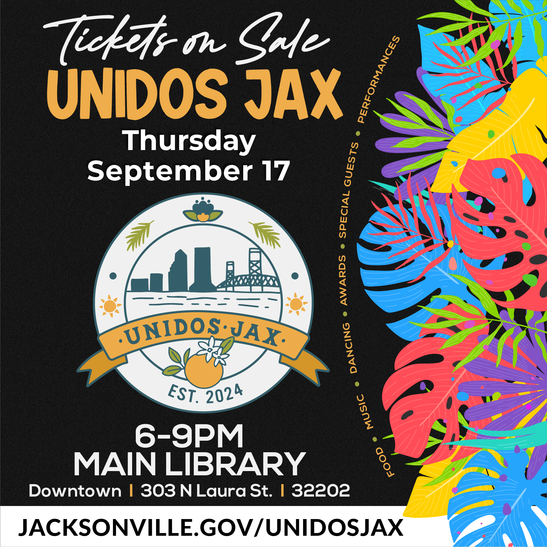 Unidos Jax 2026. Thursday, September 17, from 6:00 p.m. to 9:00 p.m. at the Main Library.