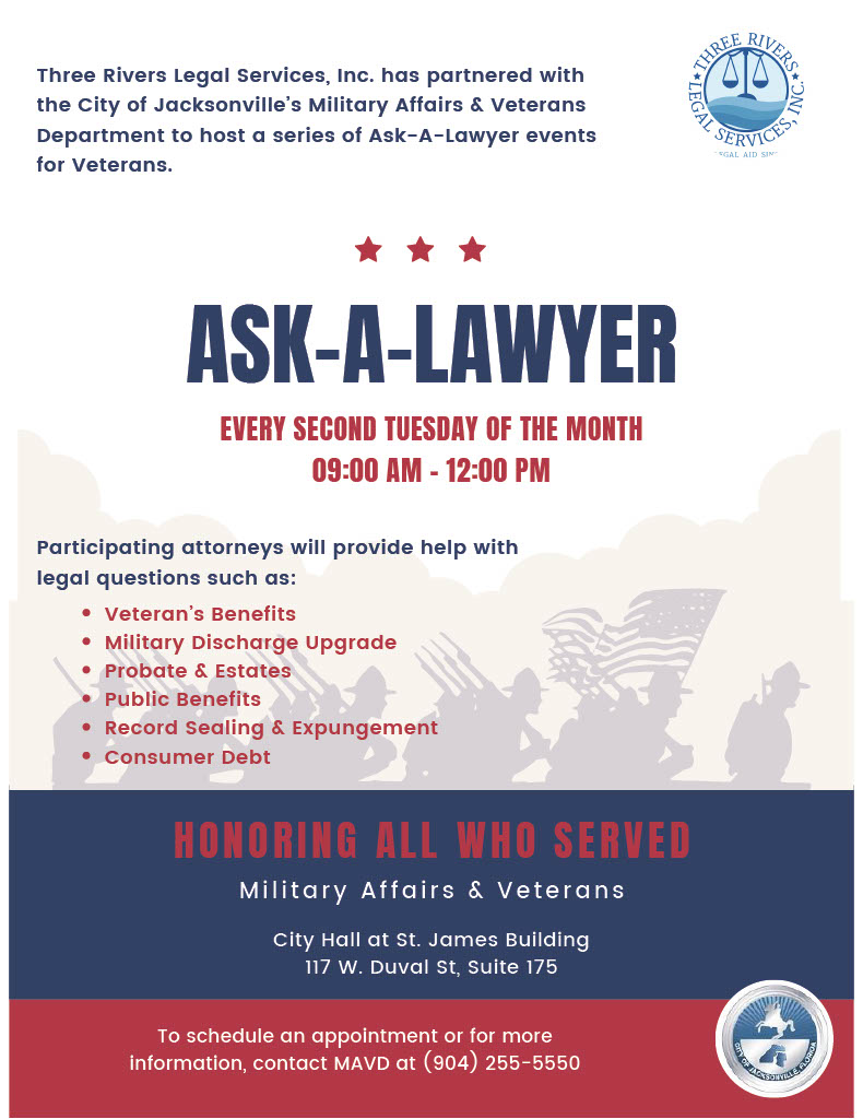 Three Rivers Legal Services in MAVD office every second Tuesday of the month. 