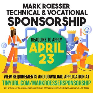 Deadline to apply April 23 for the Disabled Services Mark Rosser Sponsorship colorful graphic featuring wo men working on the logo wearing hard-hats