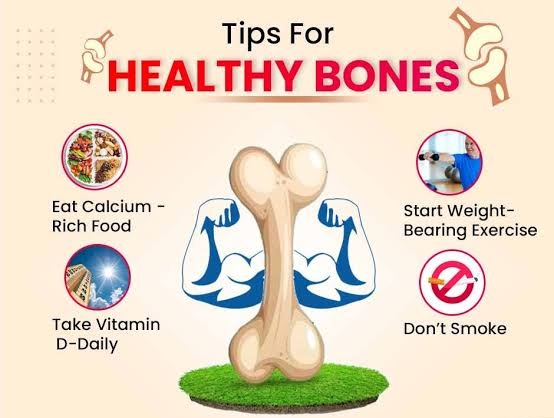 Bone with biceps and pictures with a man lifting dumbbell, no smoking sign, foods rich in calcium and building with a sun shining. 