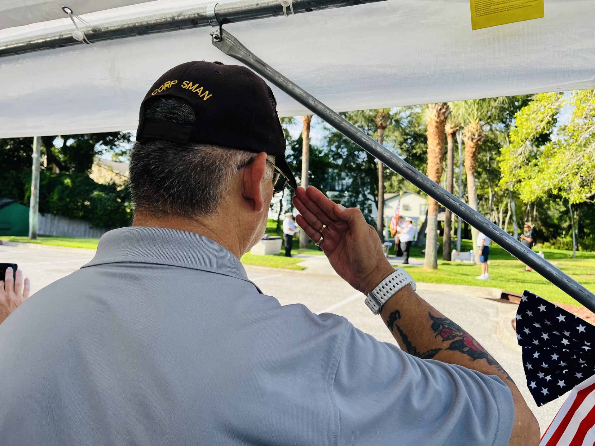 VCDC member Mr. Hernandez saluting as the Flag passes at the 250 Flag Retirement Ceremony taking place at the American Legion 283