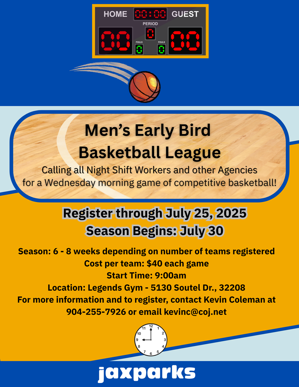 basketball goal on orange and blue flyer