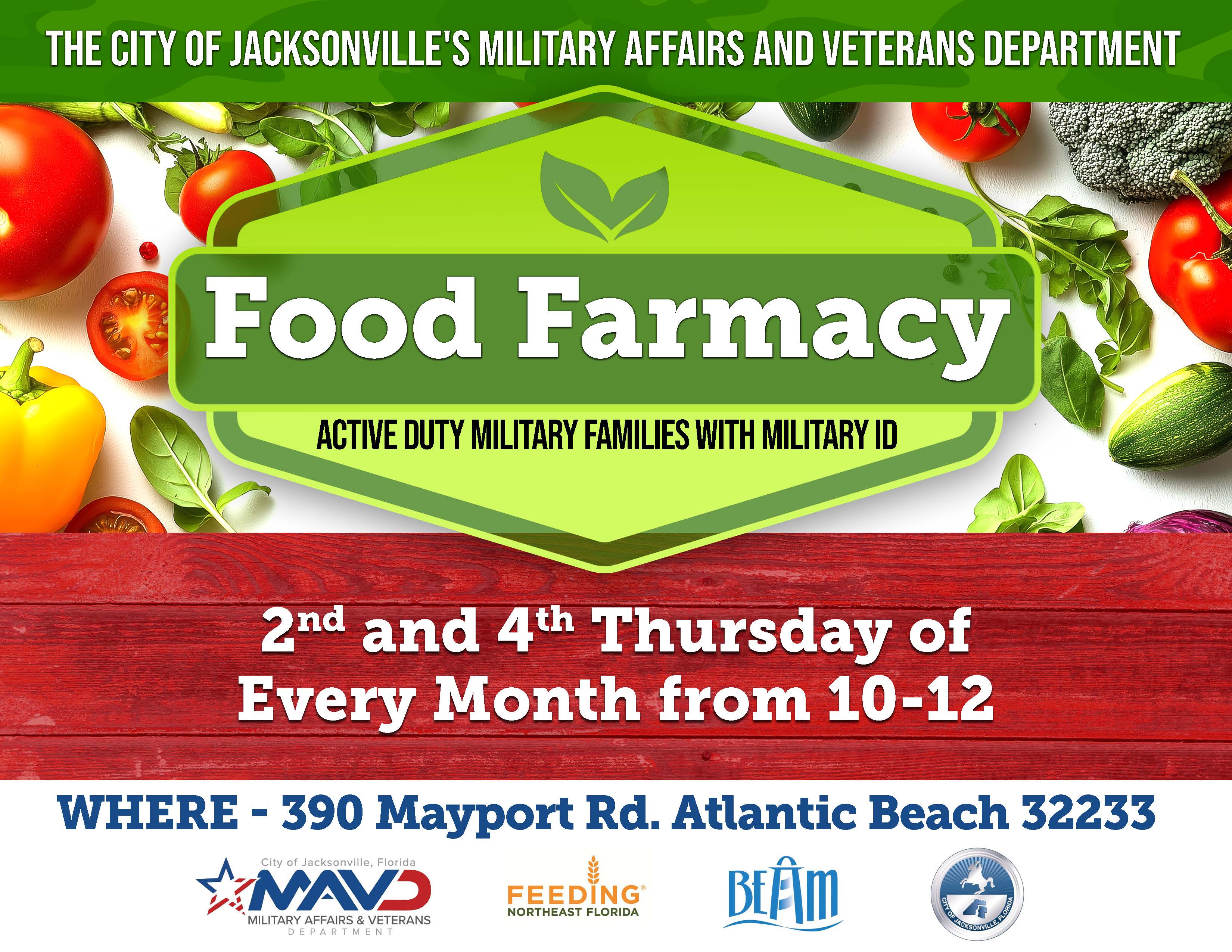 MAYPORT FOOD FARMACY HAPPENS THE SECOND AND FOURTH THURSDAY OF THE MONTH FROM 10 AM UNTIL 12 PM.  LOCATION IS AT 390 MAYPORT ROAD, ATLANTIC BEACH. 