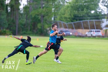 Adults playing football in a field