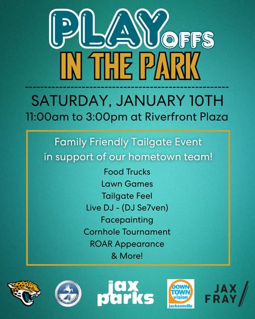 teal blue flyer with information on event. city of jax, jaguars, jaxparks, dtjax and jaxfrey logos at bottom of flyer