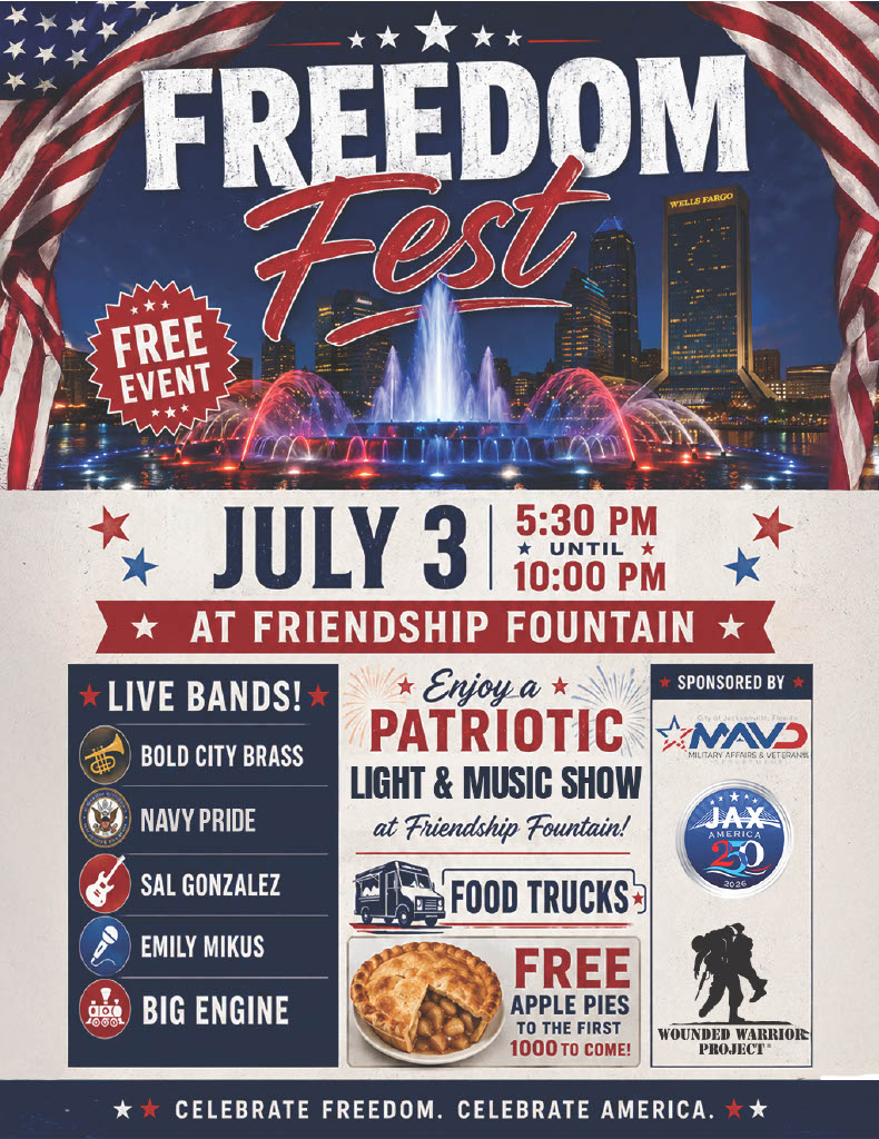 Freedom Fest is a free, family friendly event taking place on July 3 at Friendship Fountain with live bands, food trucks and free apple pies to the first 1000 attendees.