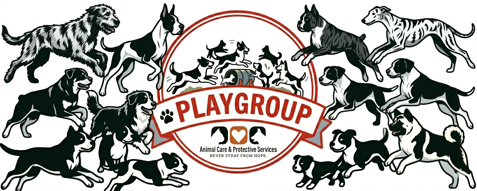 A circle that says "playgroup" with the ACPS logo and many different types of dogs in black and white. 