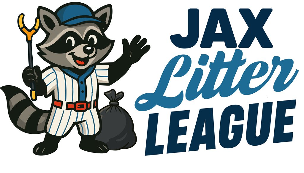 Jax Litter League Logo with Raccoon in baseball uniform with bat and bag of trash 