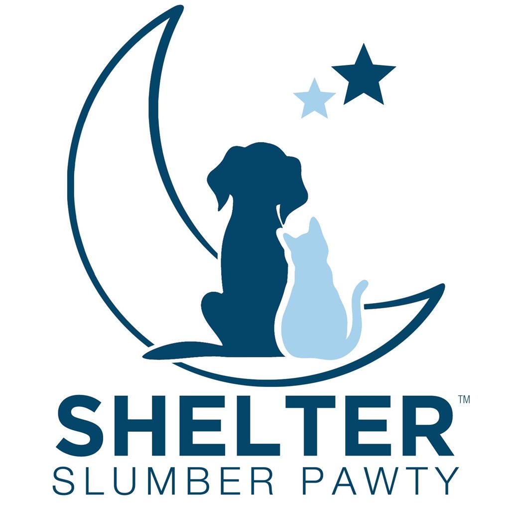shelter slumber pawty logo with outline of dog, cat and moon