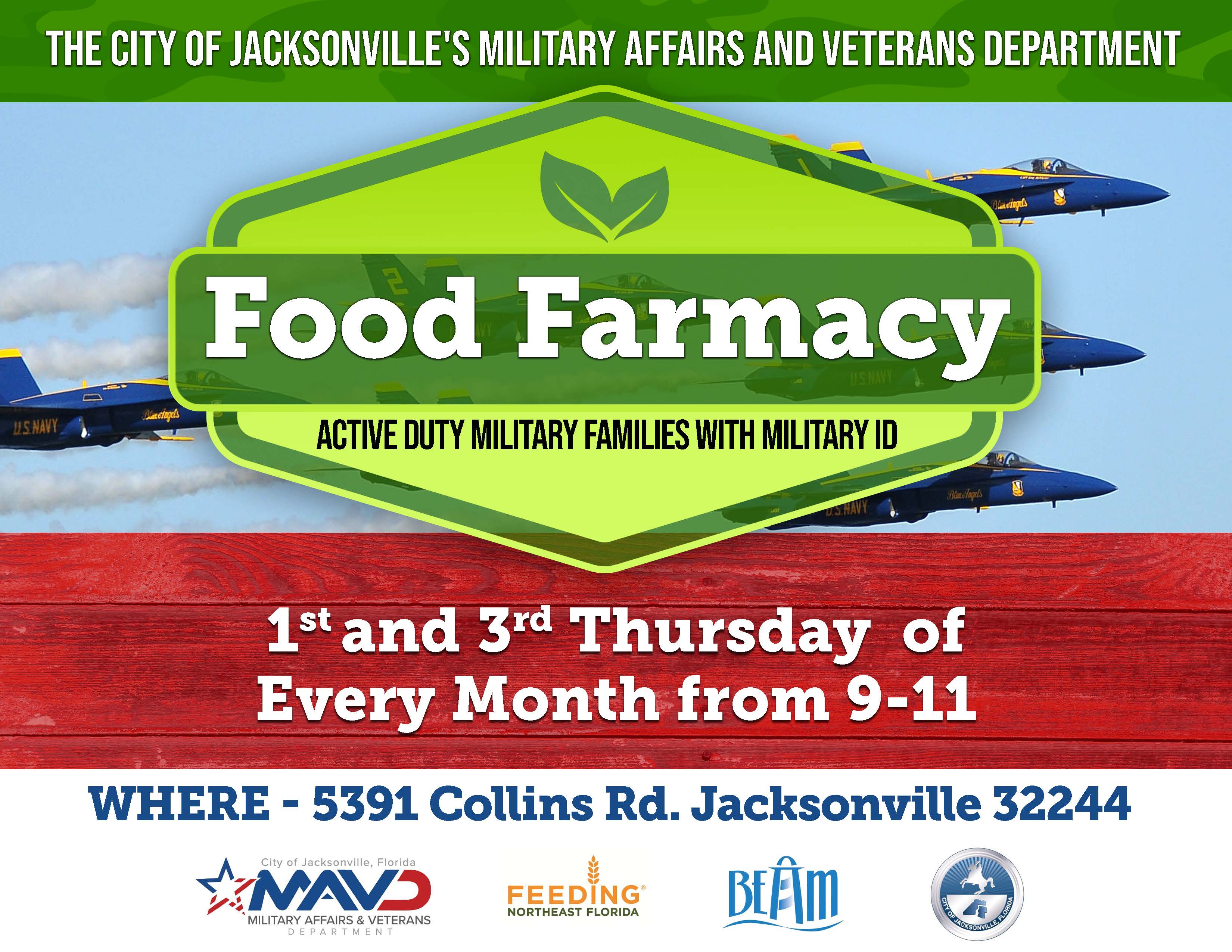 NAS JAX FOOD FARMACY FIRST AND THIRD THURSDAY OF EVERY MONTH FROM 9 AM UNTIL 11 AM.  