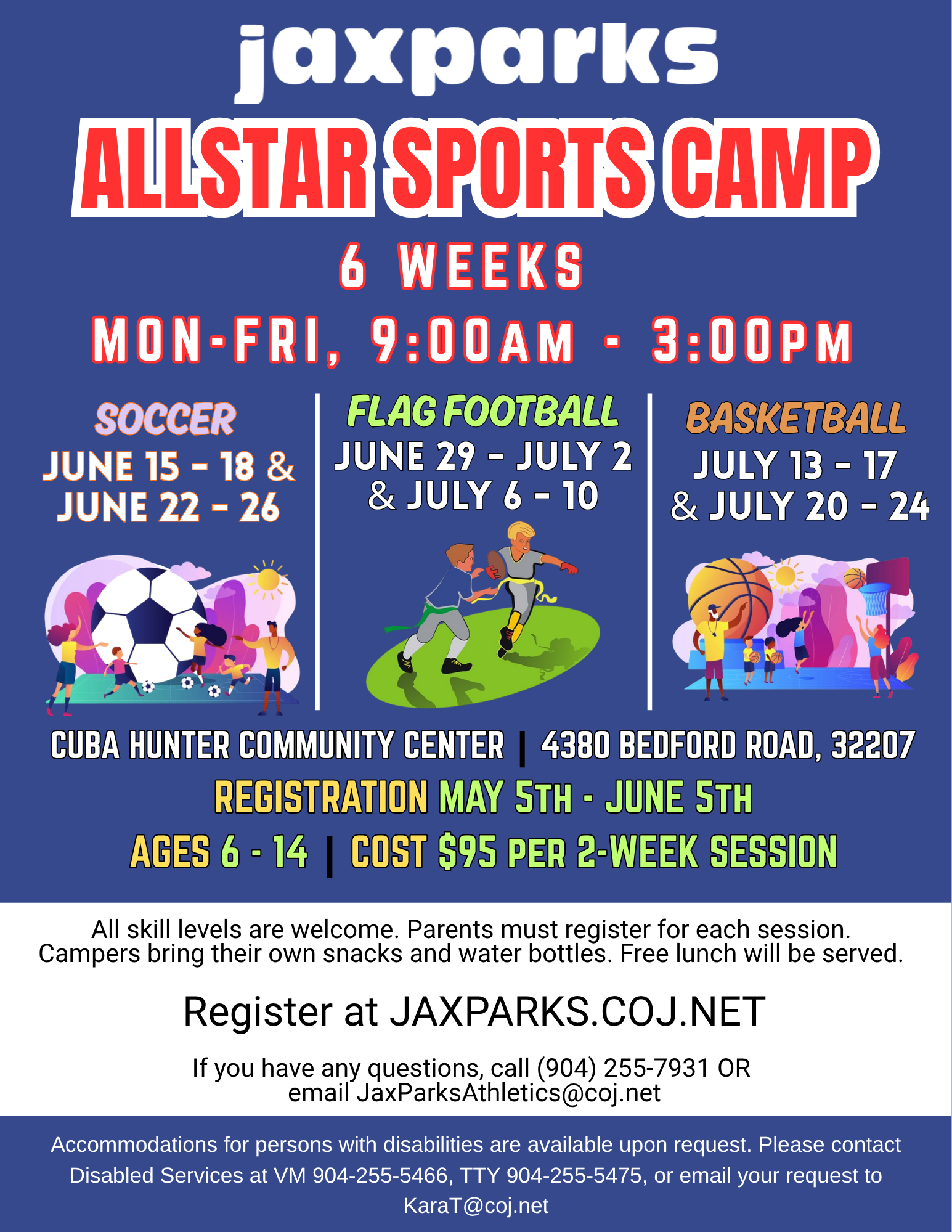 2026 AllStar Sports Camp flyer with dates, times, location