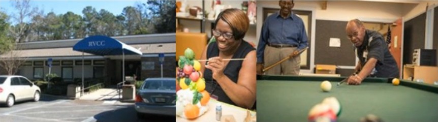 Riverview Senior Center Photographs showing the exterior a pool able and arts and crafts activities