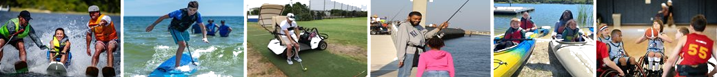 A series of photographs showing people water skiing, paddleboarding, golfing, fishing, kayaking, and playing wheelchair basketball