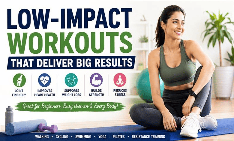 Woman sitting on the yoga mat, with roller foam, bottled water and dumbbell on her side, with word low impact workouts that deliver big results