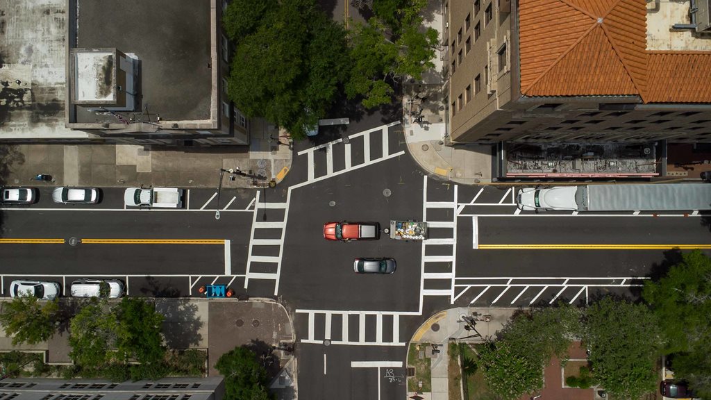 Overhead shot of traffic intersection