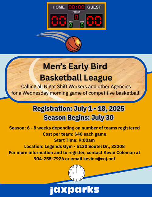 Mens Early Bird Basketball League flyer