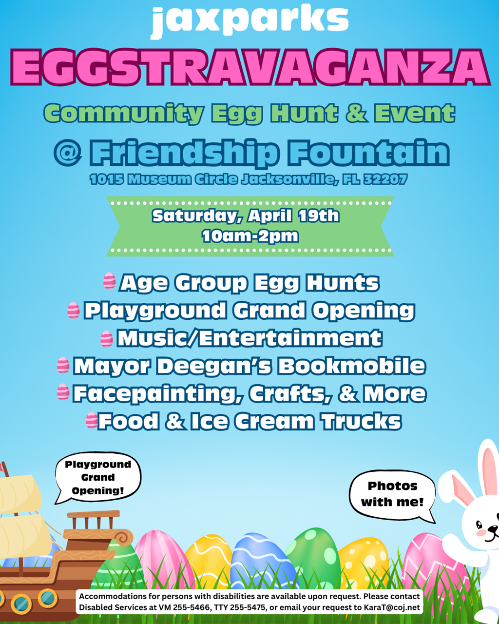 blue background with easter eggs, a bunny and a ship playground