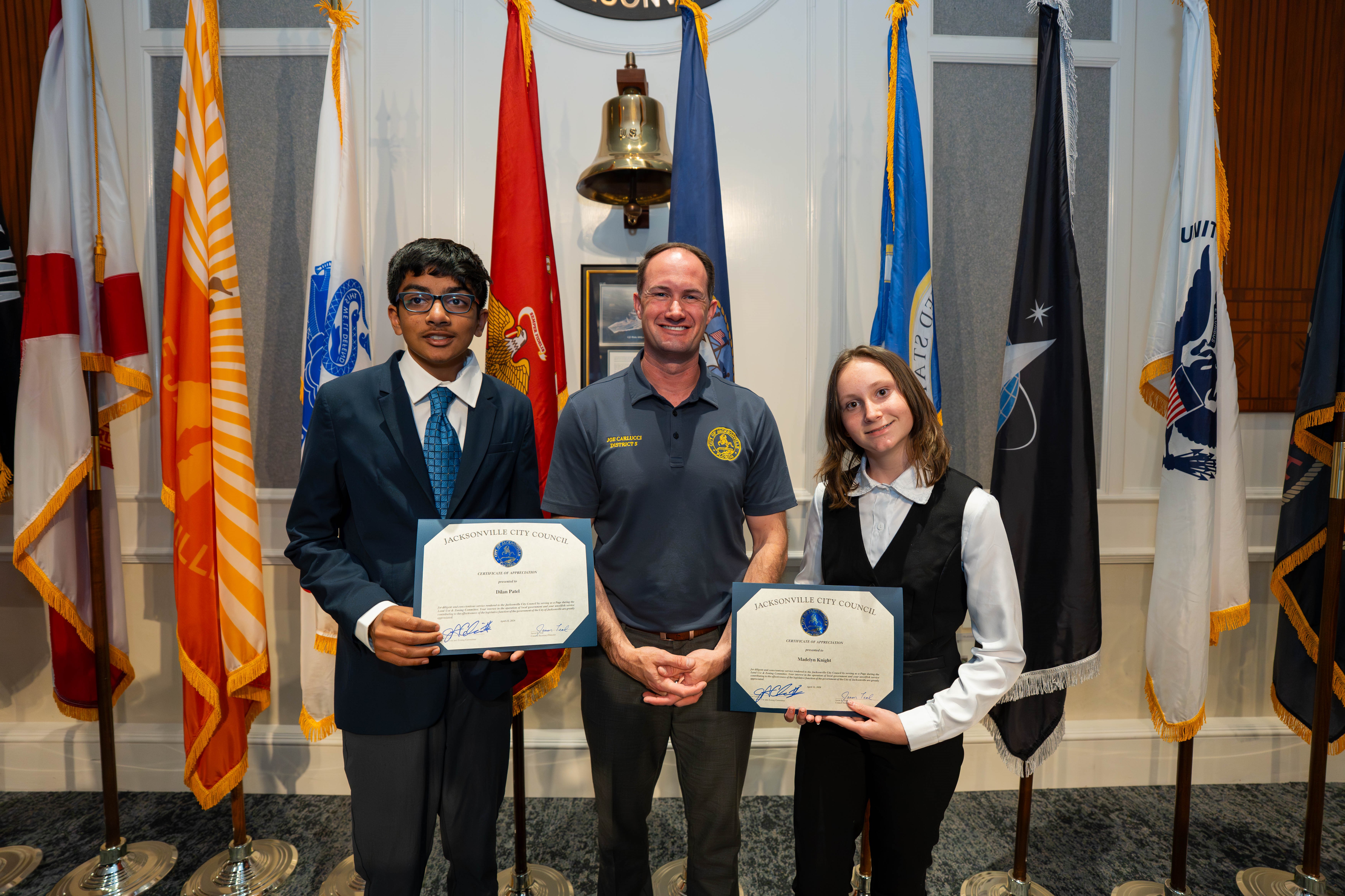 Dilan Patel, CM Joe Carlucci, Page Program participant Serra Madelyn on April 21, 2026, at the Land Use & Zoning Committee meeting.