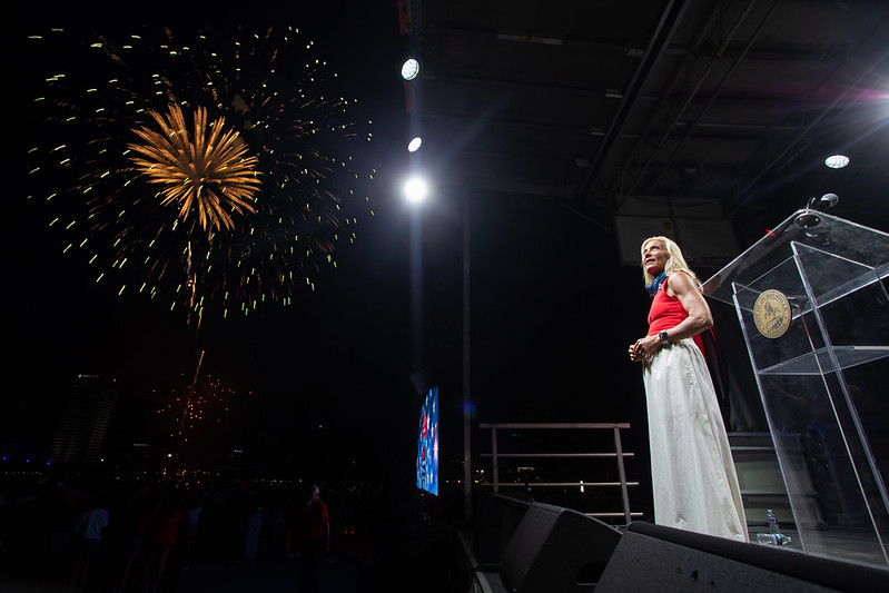 Mayor Deegan watching the fireworks display for the July 4th celebration