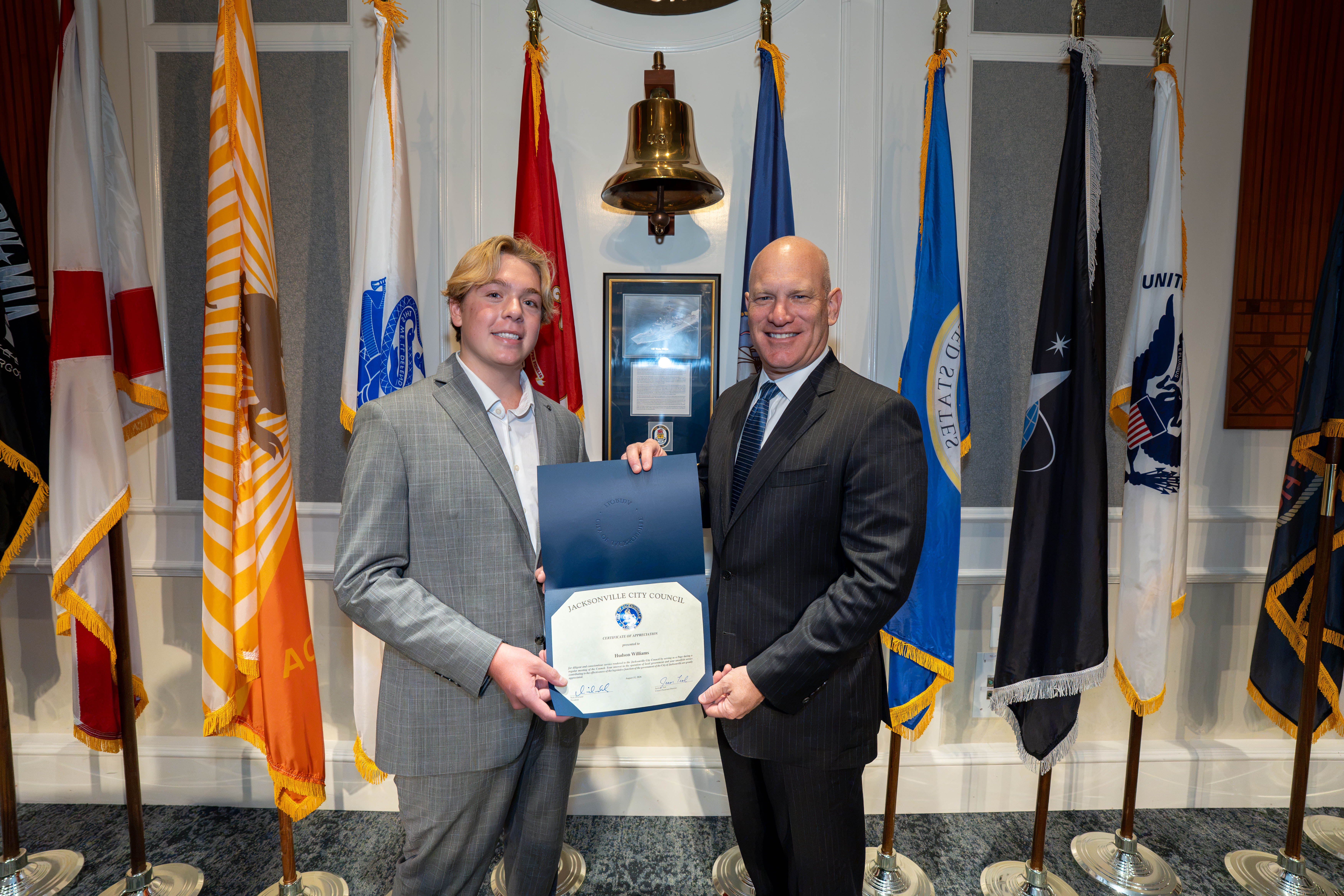 CP Howland pictured with Page Program participant Hudson Williams following the certificate presentation on August 11, 2026, at the City Council meeting in the City Council Chamber, Jacksonville, FL.

