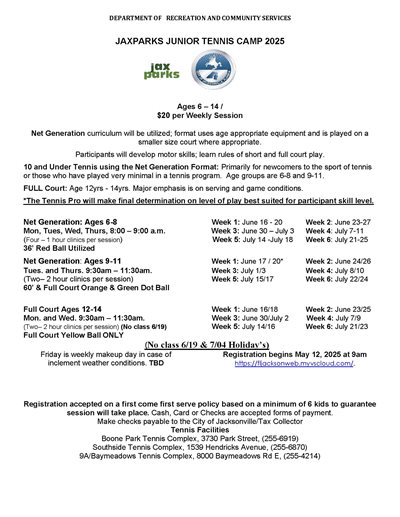 JaxParks Junior Tennis Camp 2025 Flyer part 2