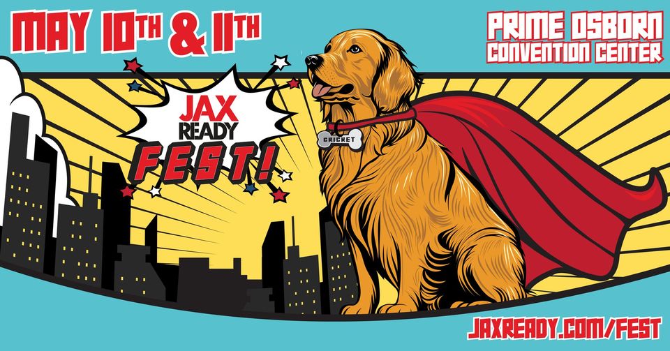 JaxReady Fest comic style illustration of golden  retriever