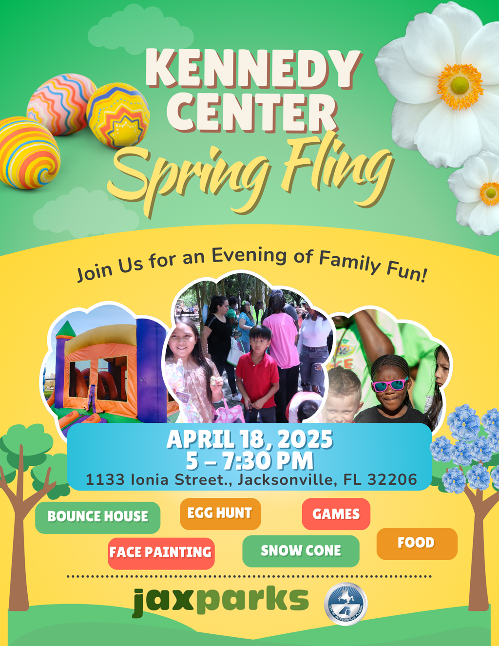 green and yellow background with easter eggs, flyers and kids