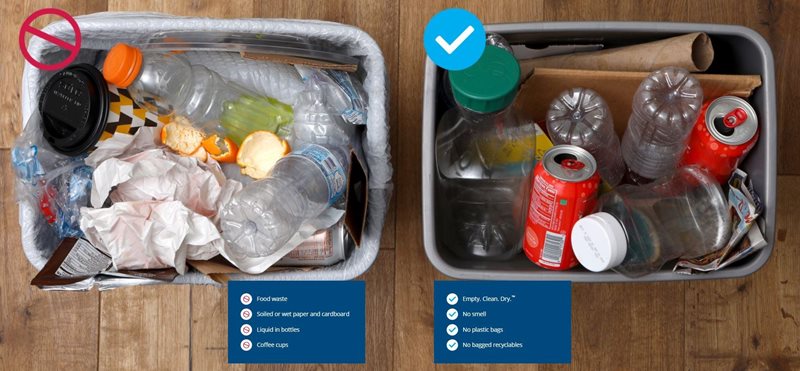 Recycling do's and don't with example trashcans