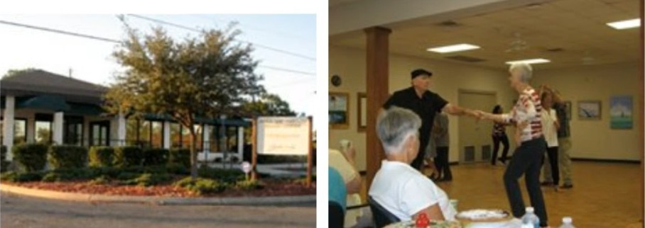 photos taken around the Jim Fortuna senior center showing its exterior and senior activities