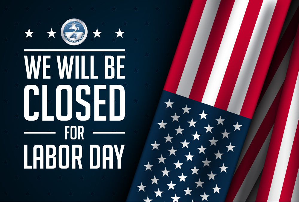 Closed for Labor Day graphic with American flag