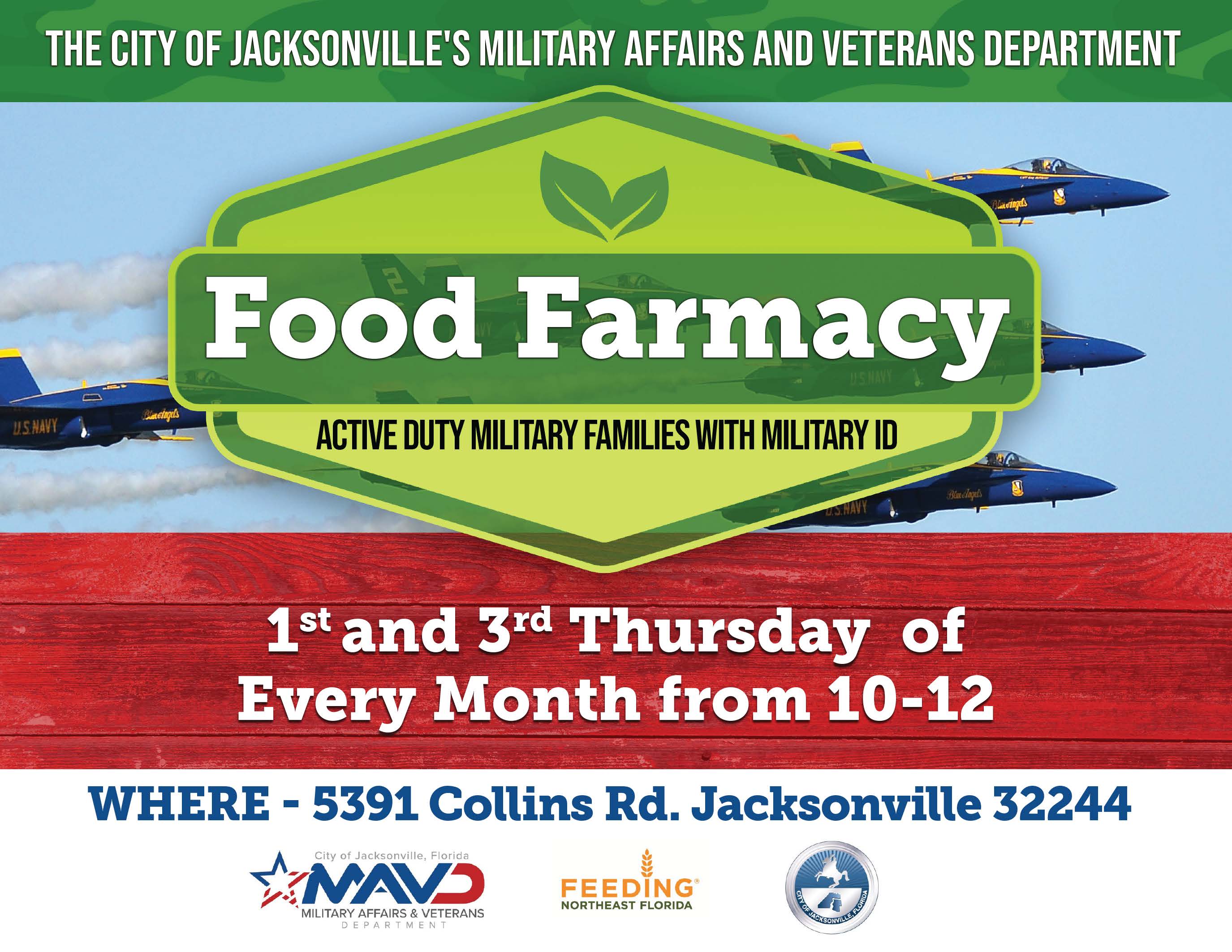 NAS JAX FOOD FARMACY.  takes place on first and third Thursday from 10 am until 12 pm.  location is at 5391 Collins Road