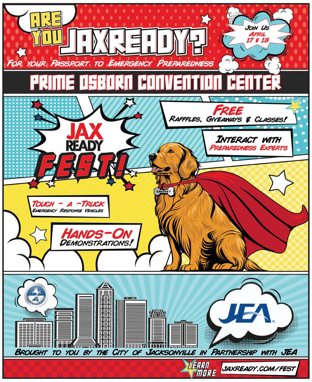 JaxReady Fest Flyer with Illustration of Cricket the golden retriever in superhero cape