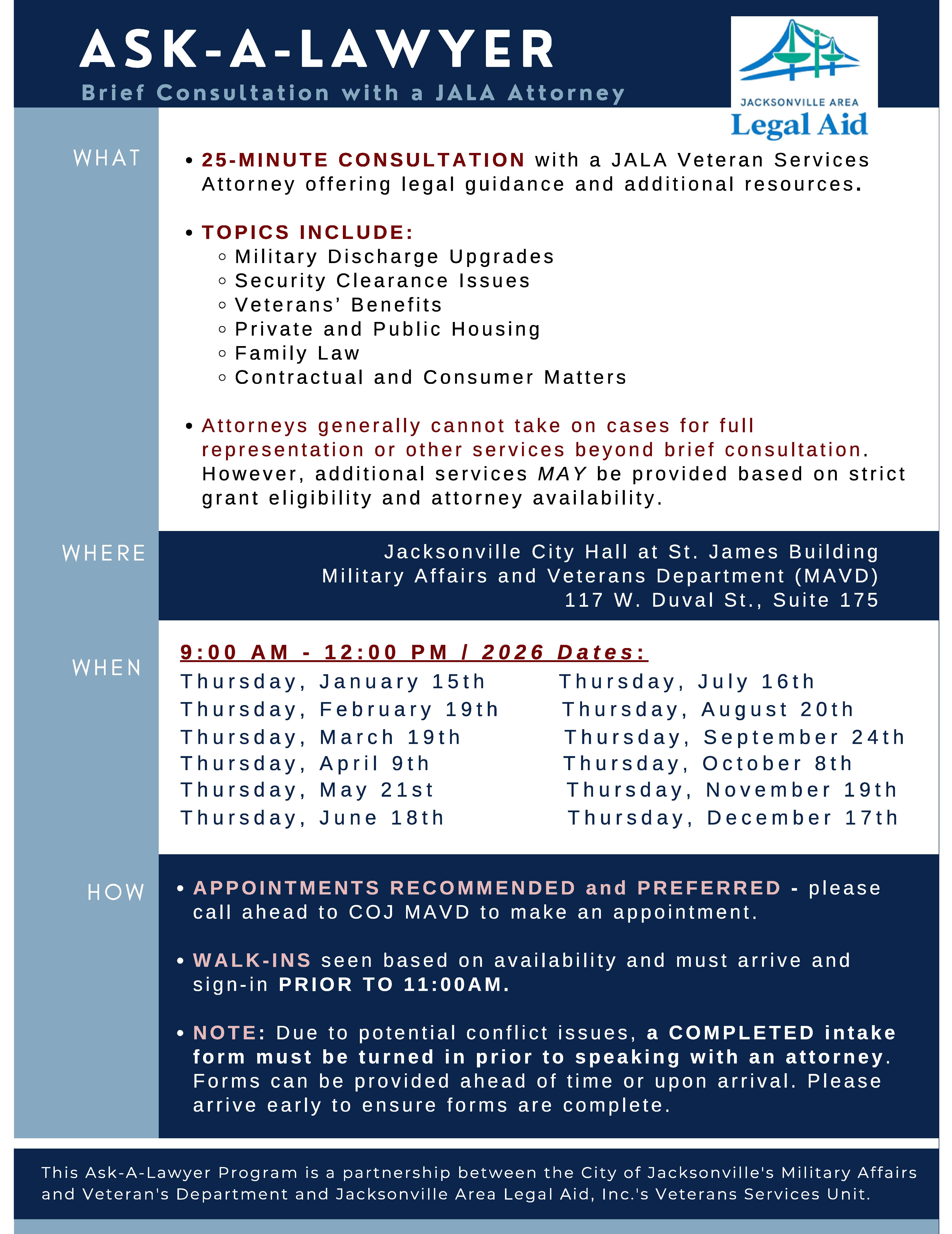 JACKSONVILLE AREA LEGAL AID WILL BE IN THE MAVD OFFICE ON JULY 16.  APPOINTMENTS ARE REQUESTED. 