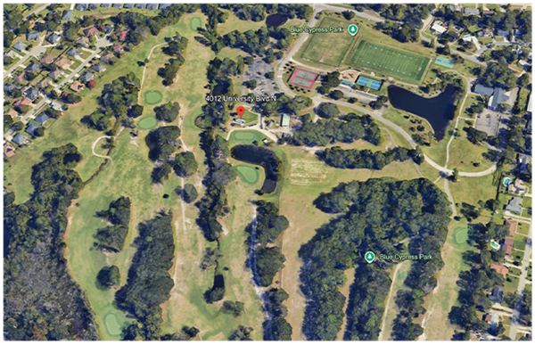 Aerial view of blue cypress park
