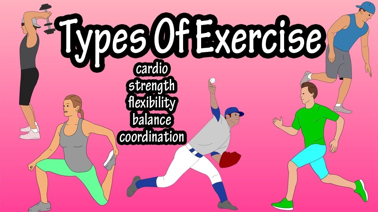 5 individuals showing types of workouts/ exercises; cardio, strength training, flexibility training, balance and coordination training