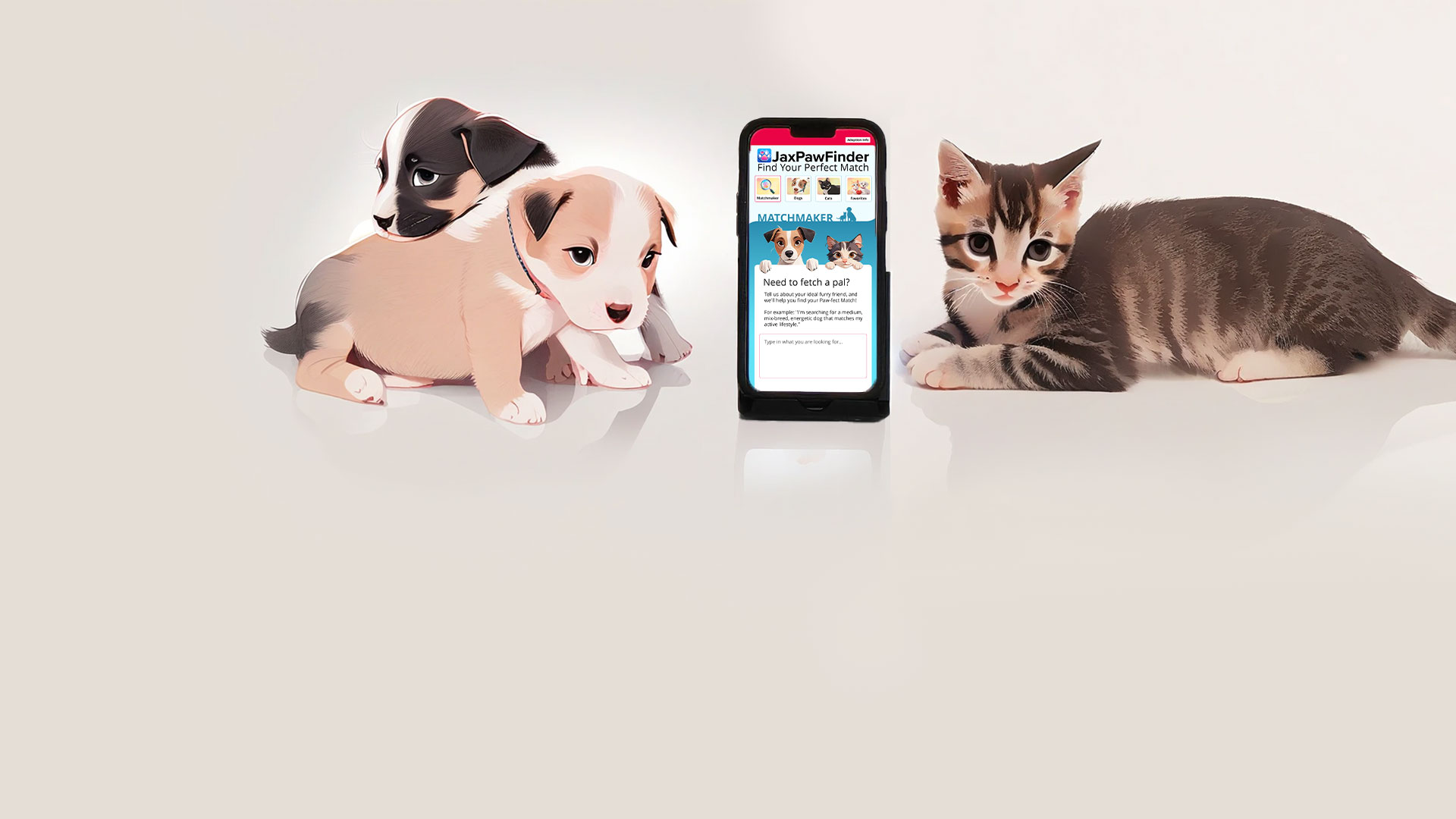 Cats and dogs around a phone with the JaxPawFinder app
