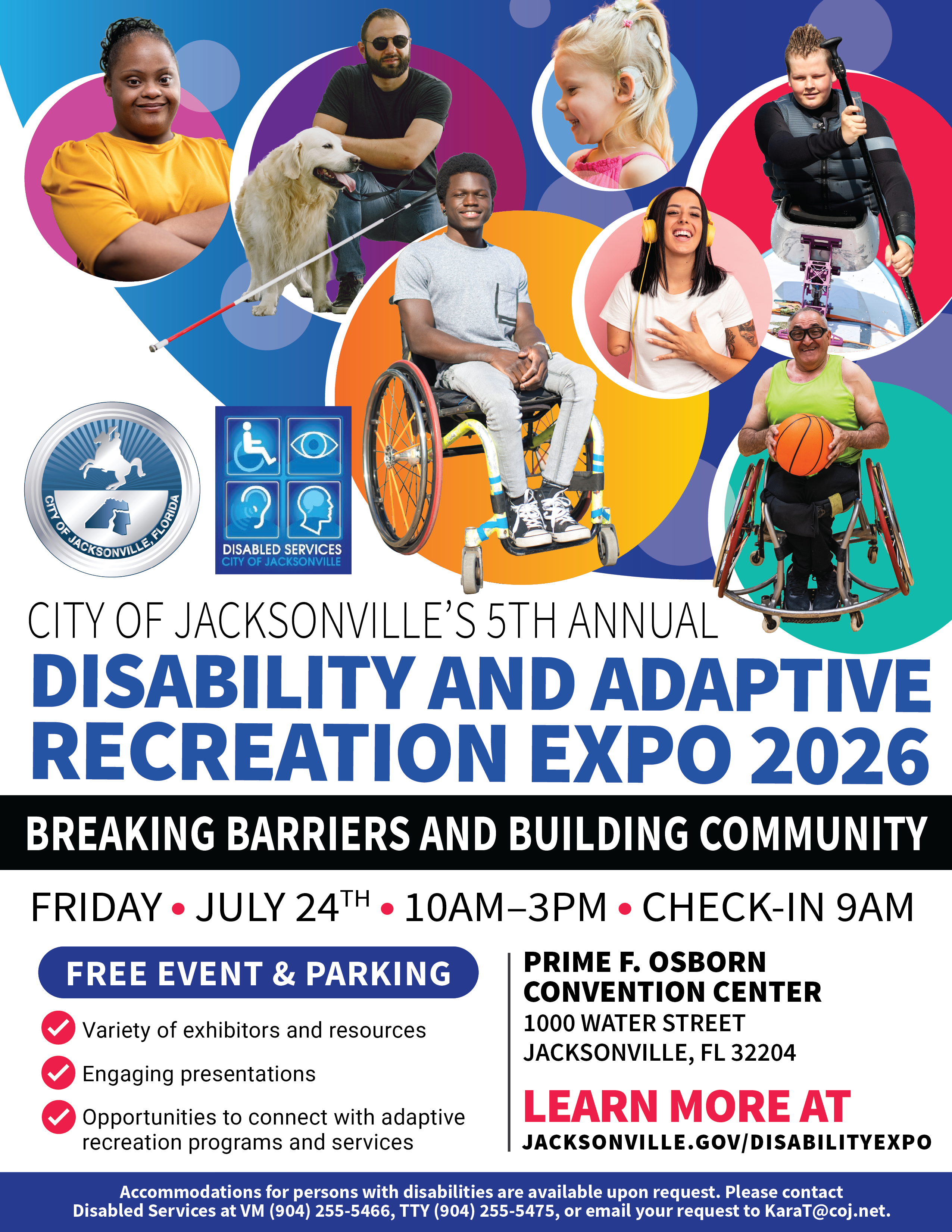 Disability and Adaptive Recreation flyer July 24, 2026 at the Prime Osborn Convention Center 10 - 3pm. Entry and parking are free. No registration required.