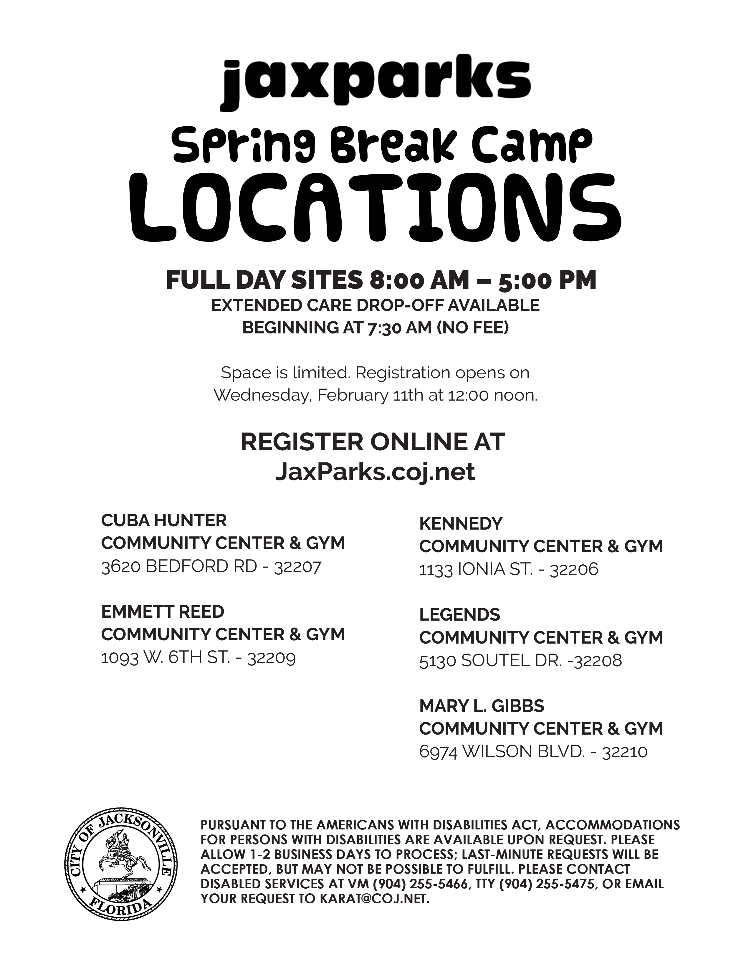JaxParks Spring Break Camp Locations