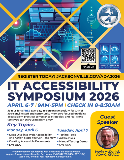 IT Accessibility Symposium Flyer with computer and tech graphics