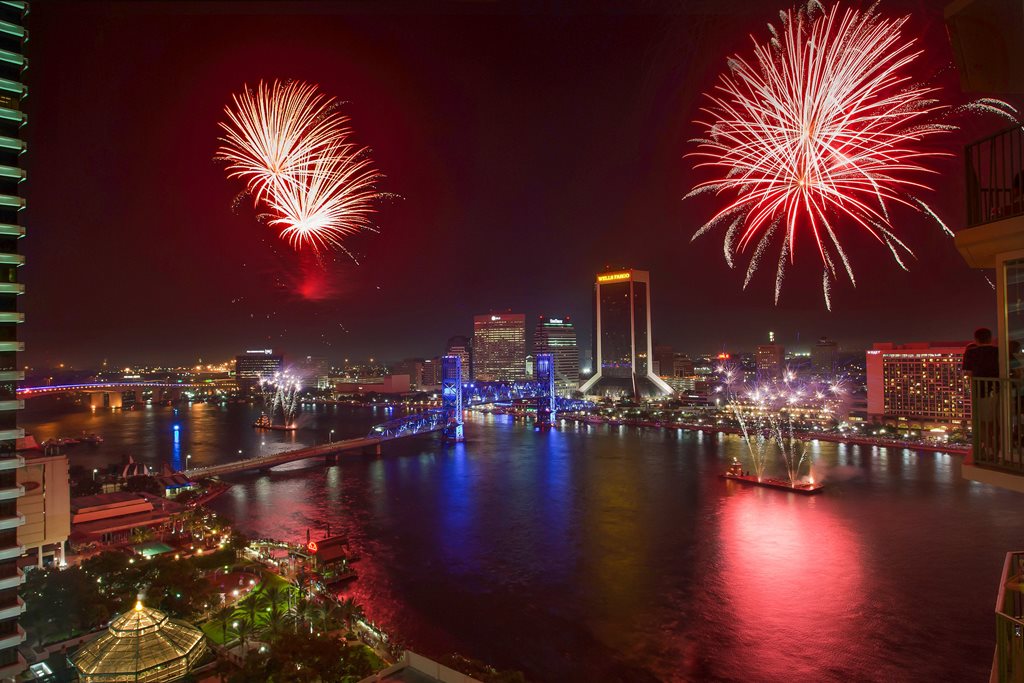 fireworks exploding over downtown jacksonville