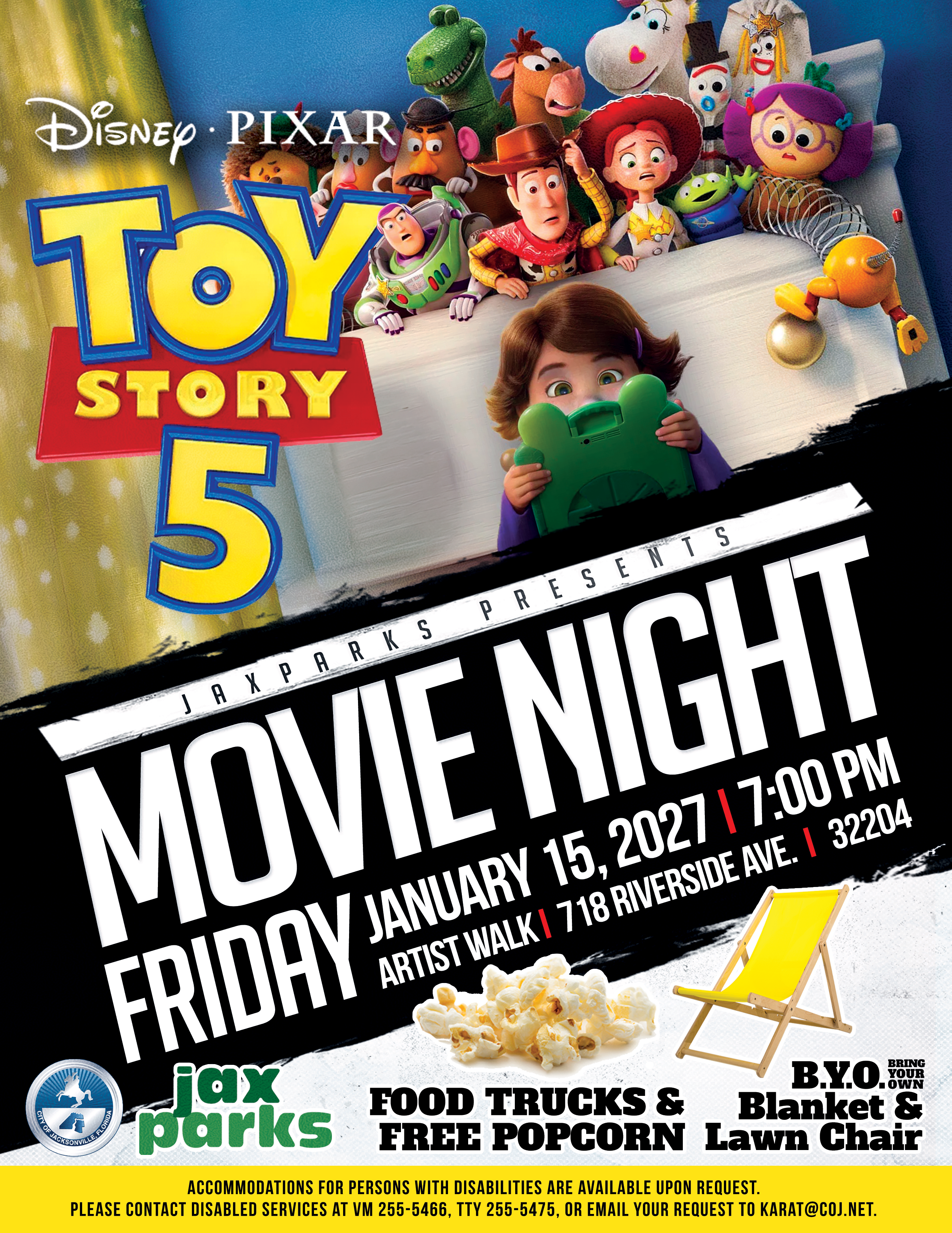 Toys and plushies hanging out of a toy box looking at a kid on a video tablet. JaxParks Present movie night Friday  January 15, 2027 at 7pm at Artist Walk