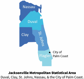 Map showing the Jacksonville Metropolitan Statistical Area (MSA) region, including Duval, Clay, St. Johns, and Nassau counties, as well as the City of Palm Coast